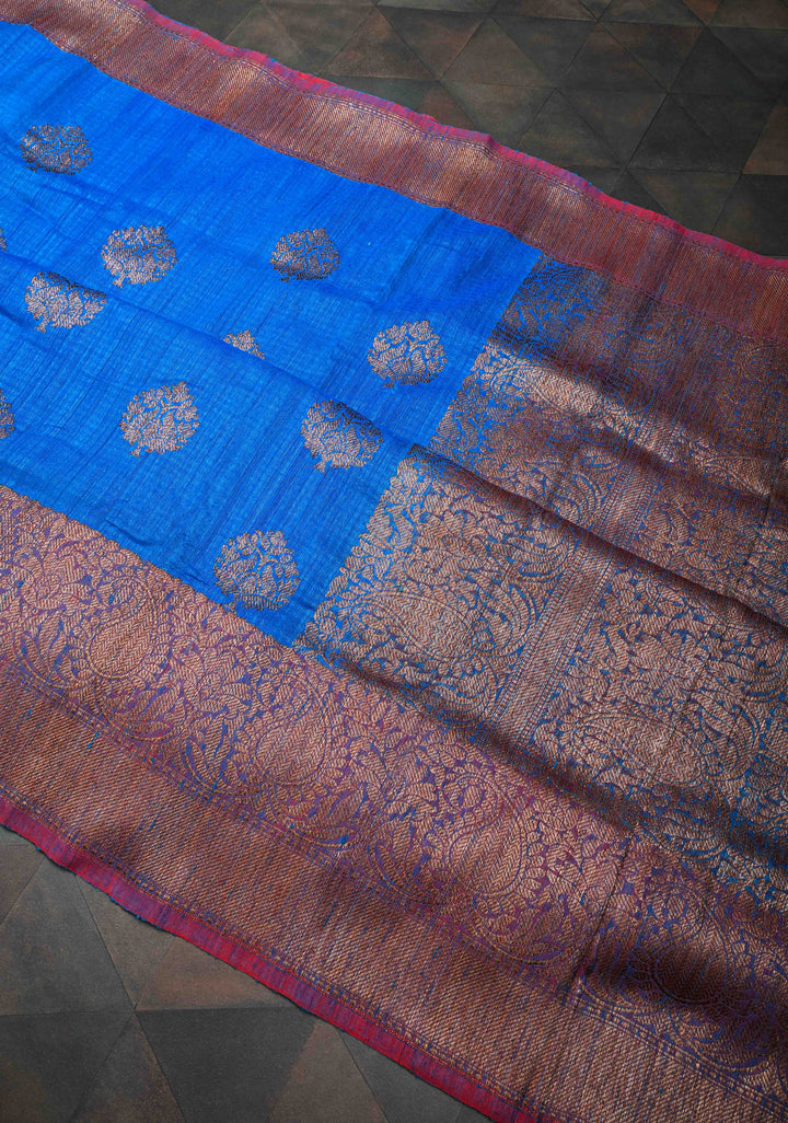 Blue Pure Banarasi Dupion Silk Saree with Antique Damask Buttas and Zari Border | SILK MARK CERTIFIED