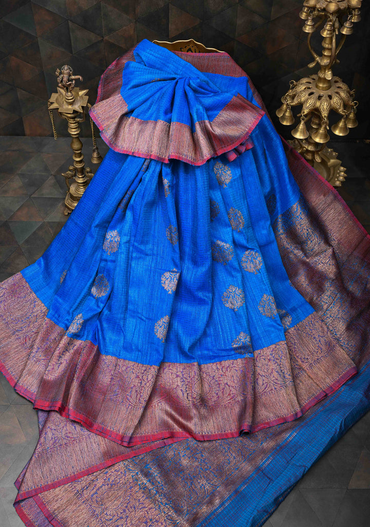 Blue Pure Banarasi Dupion Silk Saree with Antique Damask Buttas and Zari Border | SILK MARK CERTIFIED