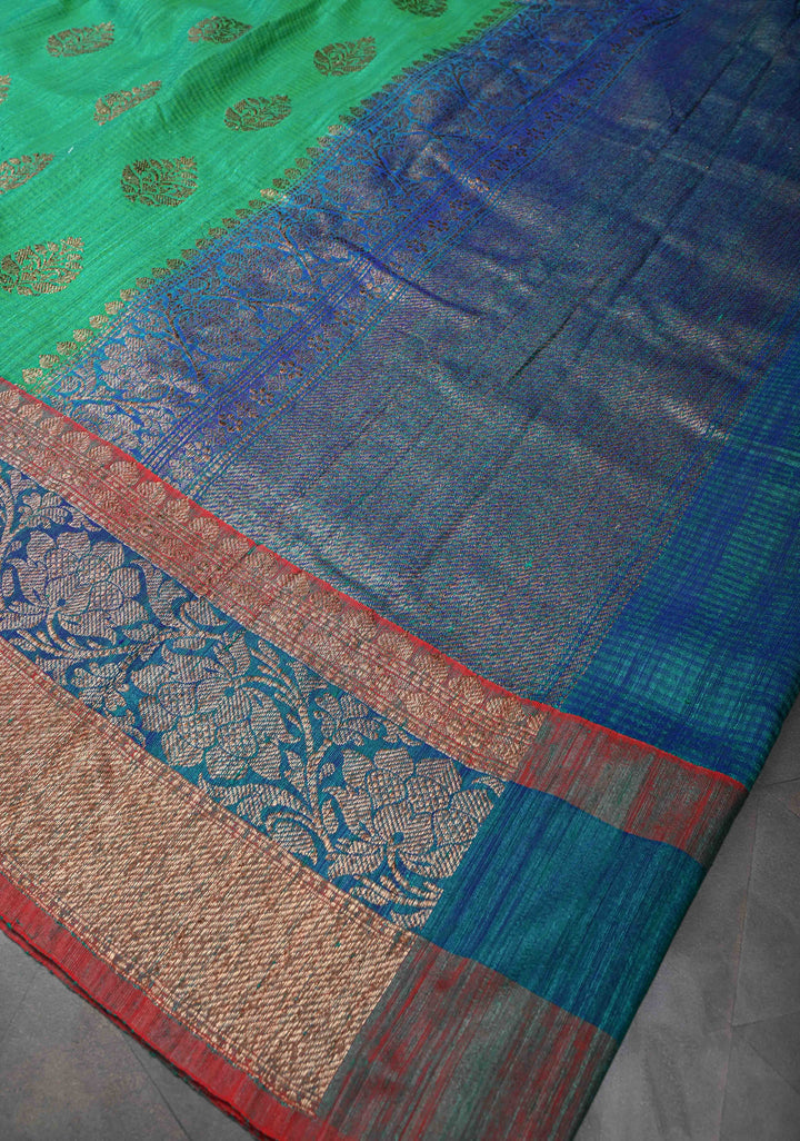 Pure Banarasi Dupion Silk Saree in Irish Green with Antique Zari Butta and Border | SILK MARK CERTIFIED