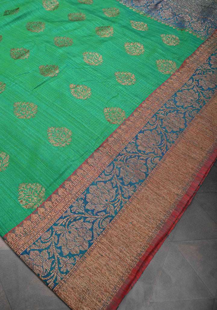 Pure Banarasi Dupion Silk Saree in Irish Green with Antique Zari Butta and Border | SILK MARK CERTIFIED