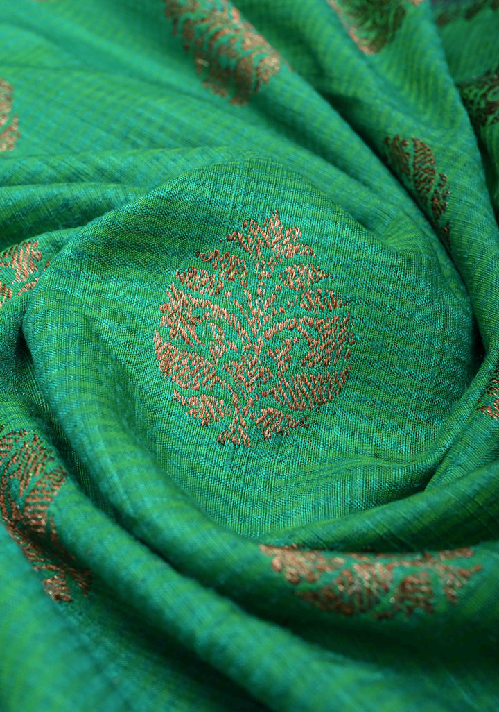 Pure Banarasi Dupion Silk Saree in Irish Green with Antique Zari Butta and Border | SILK MARK CERTIFIED