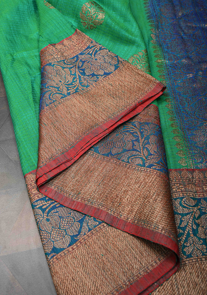 Pure Banarasi Dupion Silk Saree in Irish Green with Antique Zari Butta and Border | SILK MARK CERTIFIED