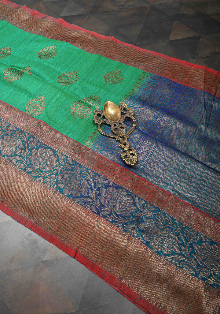 Pure Banarasi Dupion Silk Saree in Irish Green with Antique Zari Butta and Border | SILK MARK CERTIFIED