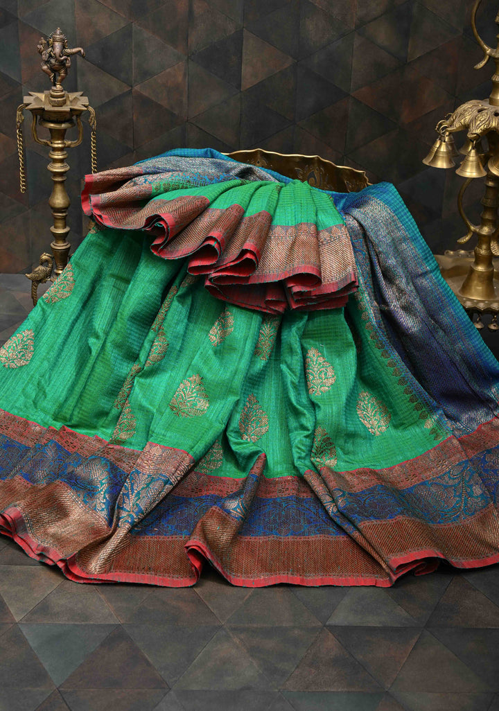 Pure Banarasi Dupion Silk Saree in Irish Green with Antique Zari Butta and Border | SILK MARK CERTIFIED