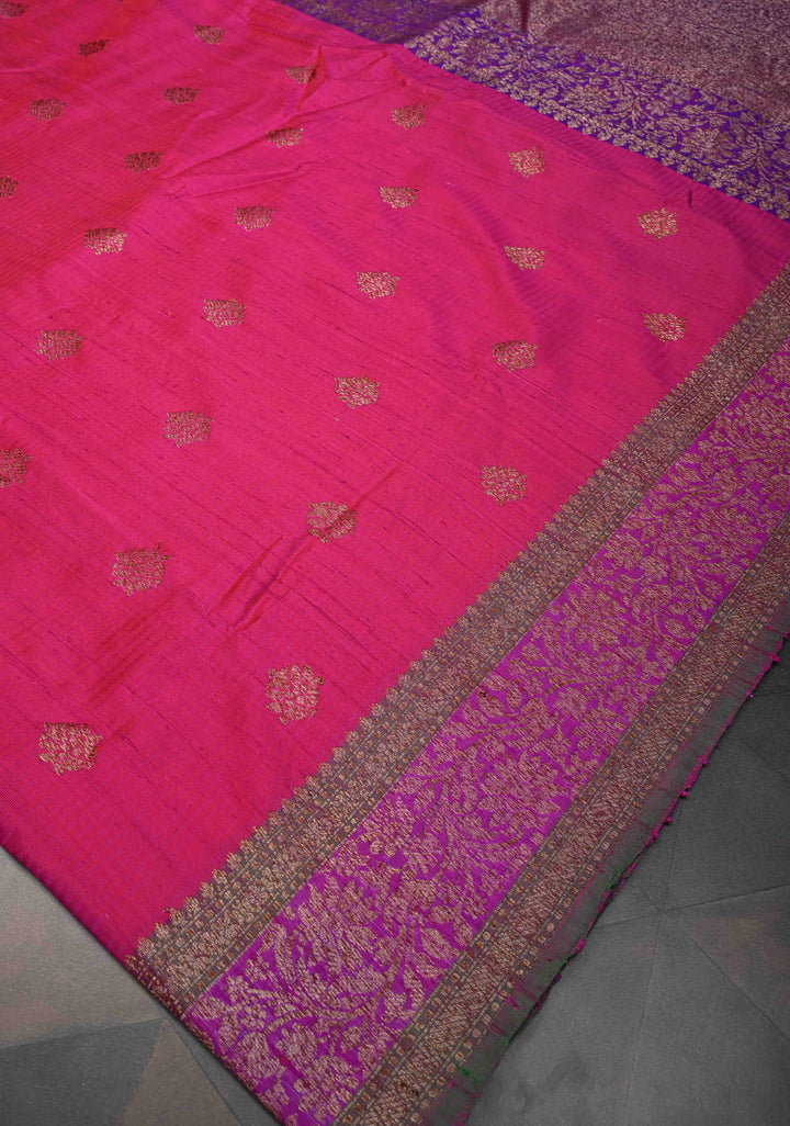 Pure Banarasi Dupion Silk Saree in Ruby Pink with Antique Zari Butta and Contrast Zari Border | SILK MARK CERTIFIED