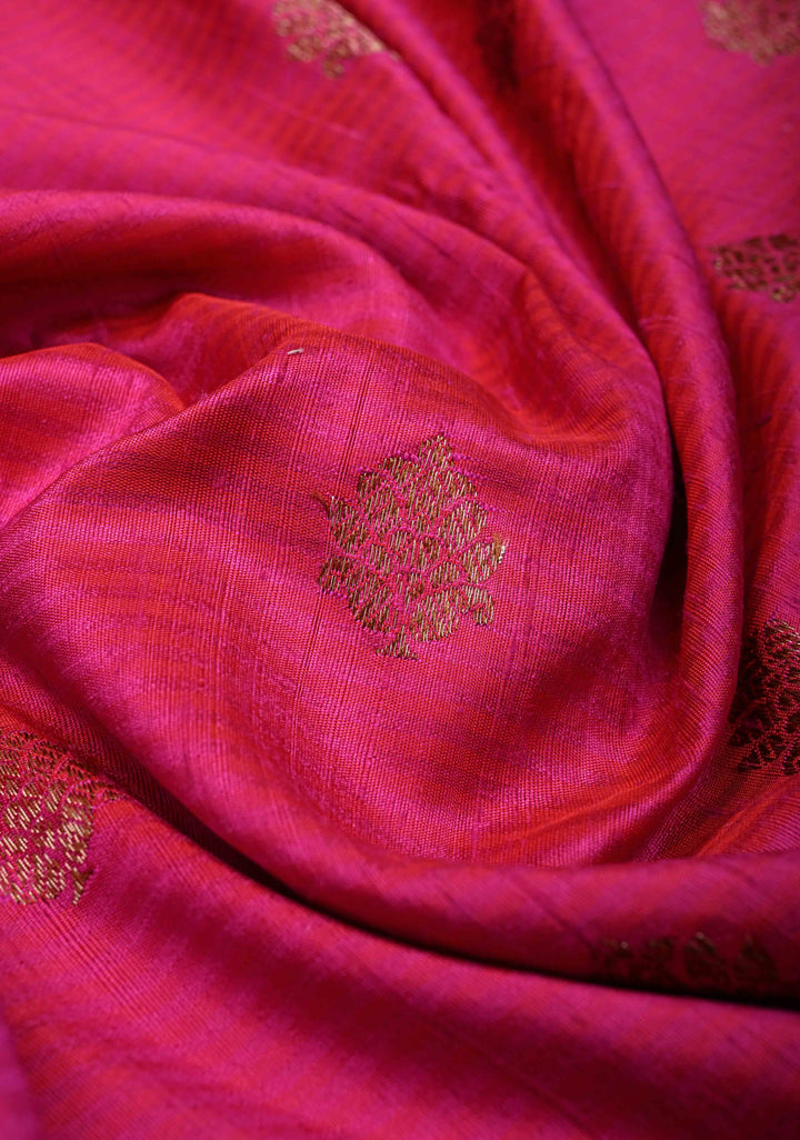Pure Banarasi Dupion Silk Saree in Ruby Pink with Antique Zari Butta and Contrast Zari Border | SILK MARK CERTIFIED