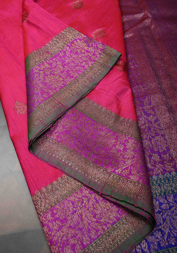Pure Banarasi Dupion Silk Saree in Ruby Pink with Antique Zari Butta and Contrast Zari Border | SILK MARK CERTIFIED