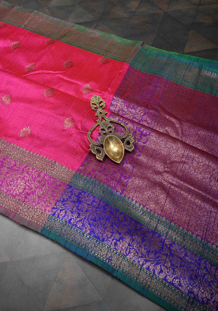 Pure Banarasi Dupion Silk Saree in Ruby Pink with Antique Zari Butta and Contrast Zari Border | SILK MARK CERTIFIED