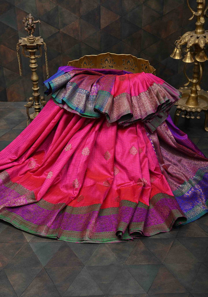 Pure Banarasi Dupion Silk Saree in Ruby Pink with Antique Zari Butta and Contrast Zari Border | SILK MARK CERTIFIED