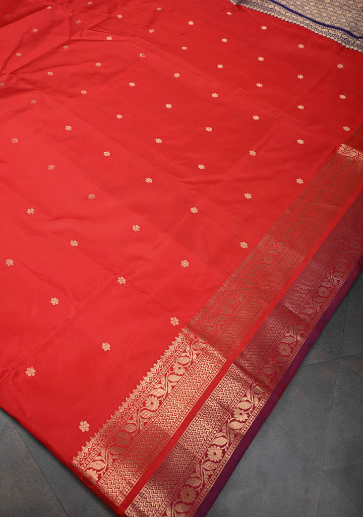 Red Pure Banarasi Katan Silk Saree with Chunri Buttis and Zari Border | SILK MARK CERTIFIED