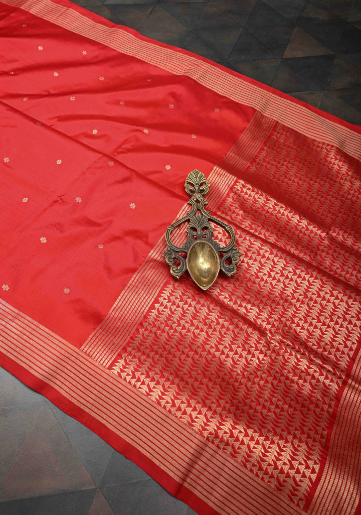 Red Pure Banarasi Katan Silk Saree with Chunri Buttis and Zari Border | SILK MARK CERTIFIED