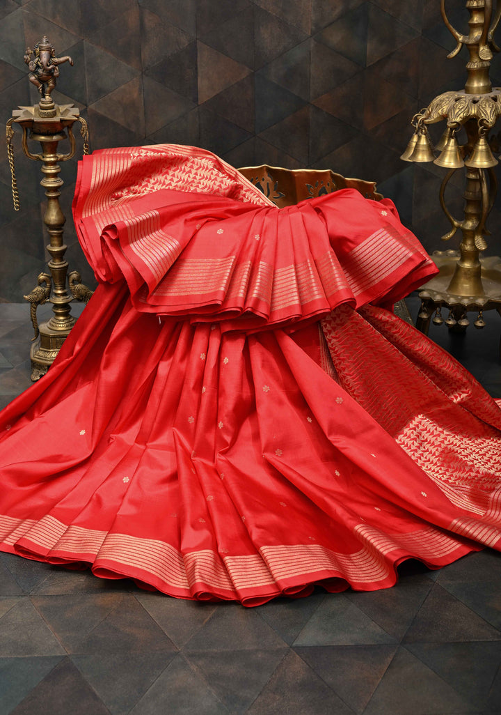 Red Pure Banarasi Katan Silk Saree with Chunri Buttis and Zari Border | SILK MARK CERTIFIED
