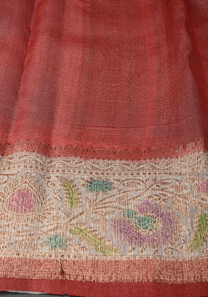 Viridian Green Banarasi Tussar Georgette Saree with Zari Buttas and Contrast Hand Brushed Border | SILK MARK CERTIFIED