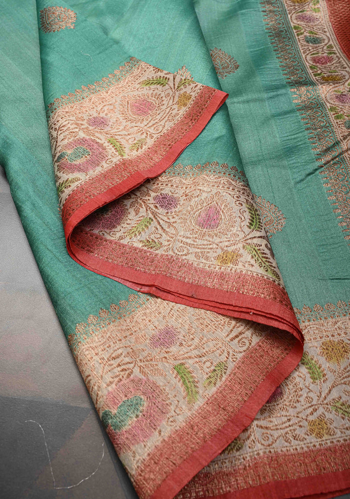 Viridian Green Banarasi Tussar Georgette Saree with Zari Buttas and Contrast Hand Brushed Border | SILK MARK CERTIFIED