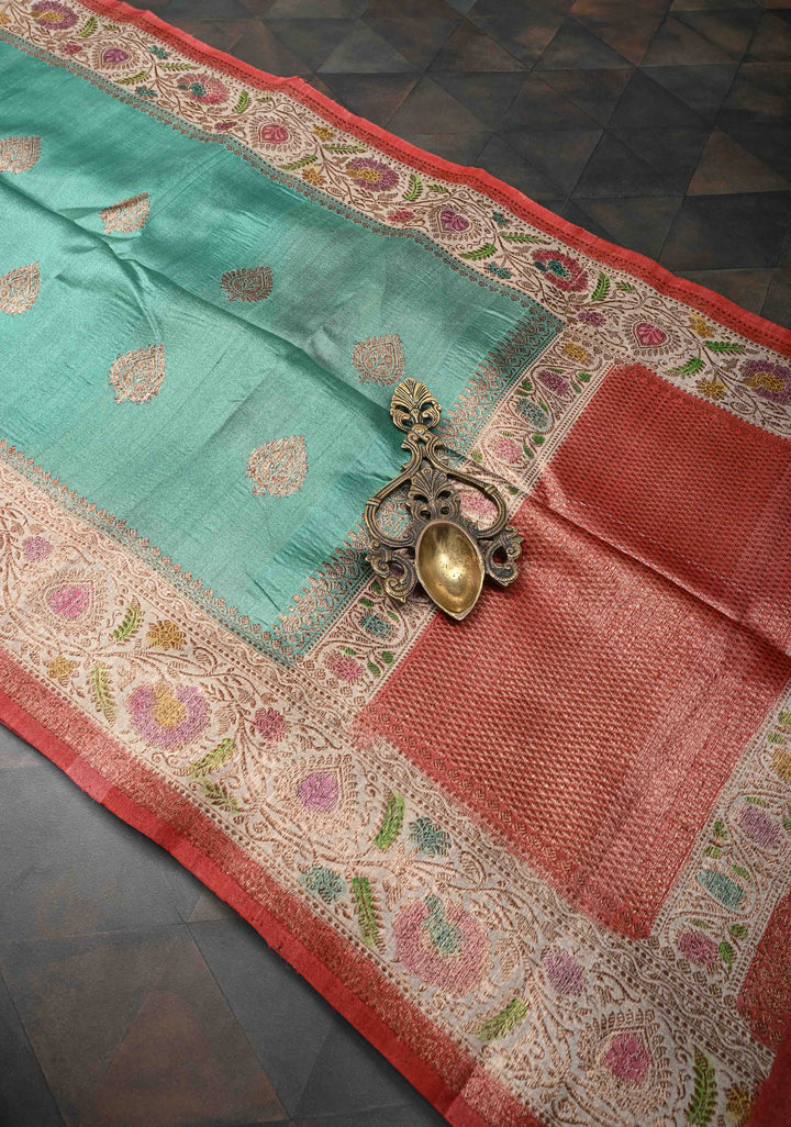 Viridian Green Banarasi Tussar Georgette Saree with Zari Buttas and Contrast Hand Brushed Border | SILK MARK CERTIFIED