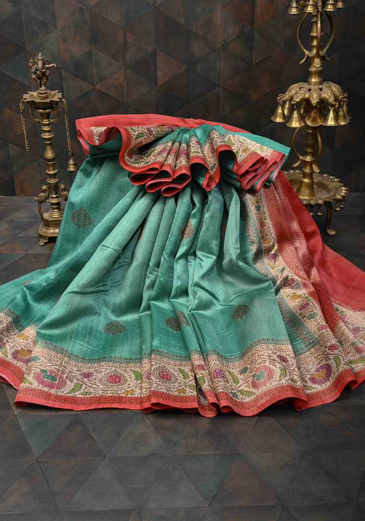 Viridian Green Banarasi Tussar Georgette Saree with Zari Buttas and Contrast Hand Brushed Border | SILK MARK CERTIFIED