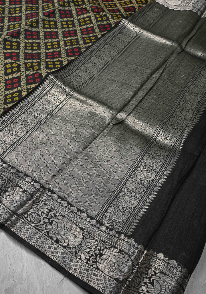Black Tussar by Kora Silk Saree with Geometric Digital Print and Zari Border | SILK MARK CERTIFIED