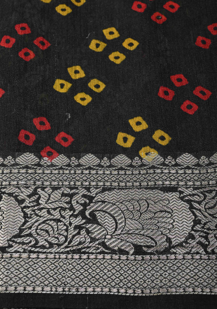 Black Tussar by Kora Silk Saree with Geometric Digital Print and Zari Border | SILK MARK CERTIFIED