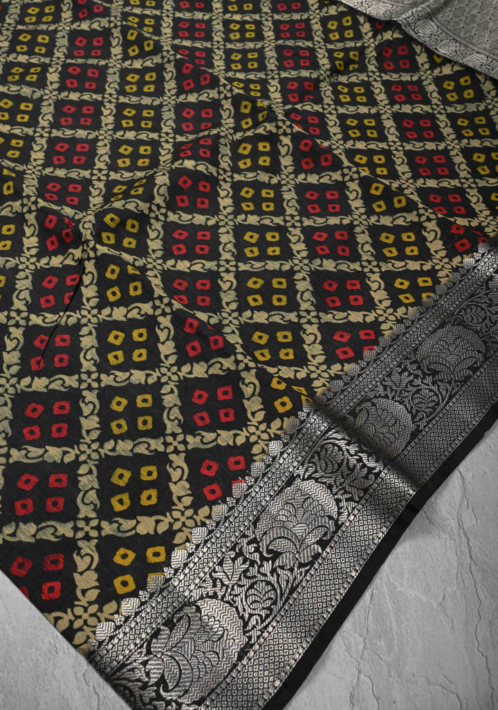 Black Tussar by Kora Silk Saree with Geometric Digital Print and Zari Border | SILK MARK CERTIFIED