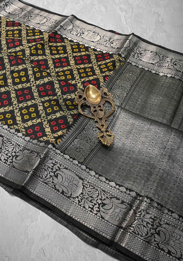 Black Tussar by Kora Silk Saree with Geometric Digital Print and Zari Border | SILK MARK CERTIFIED