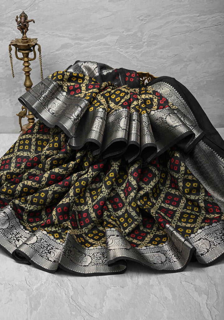 Black Tussar by Kora Silk Saree with Geometric Digital Print and Zari Border | SILK MARK CERTIFIED