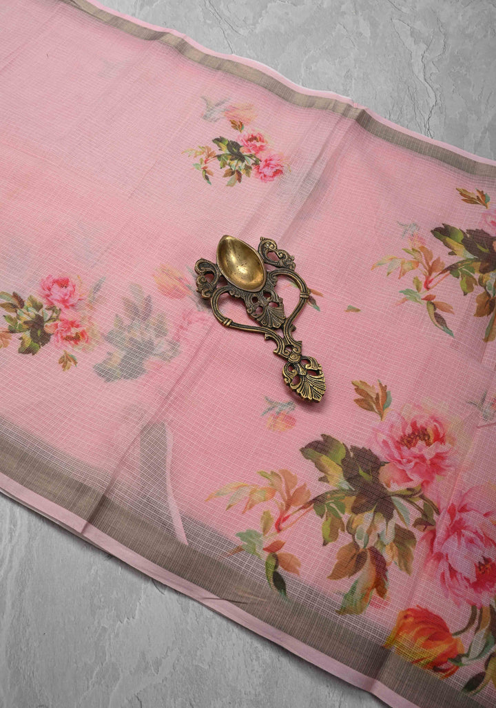 Baby Pink Kota Doria Cotton Saree with Floral Digital Print And Minimal Zari Border