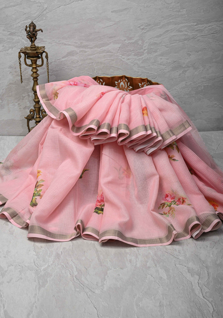 Baby Pink Kota Doria Cotton Saree with Floral Digital Print And Minimal Zari Border