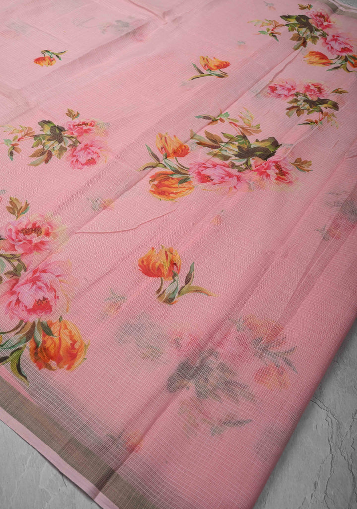 Baby Pink Kota Doria Cotton Saree with Floral Digital Print And Minimal Zari Border
