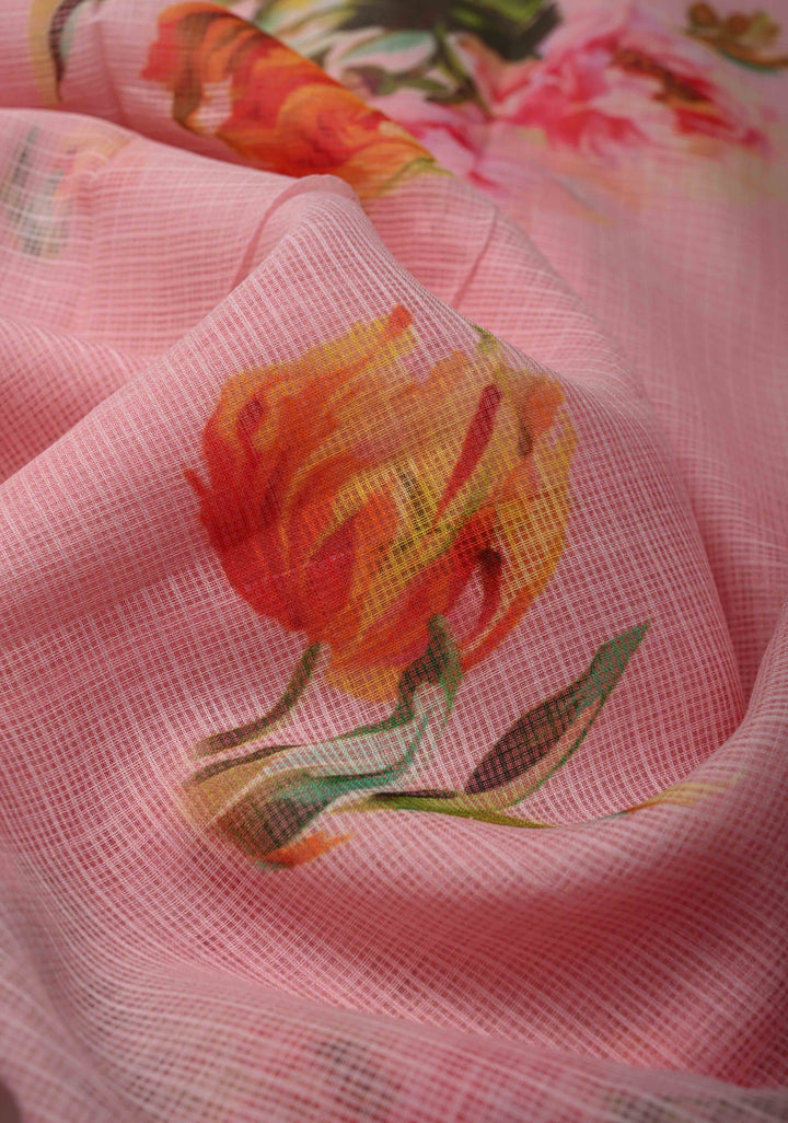 Baby Pink Kota Doria Cotton Saree with Floral Digital Print And Minimal Zari Border