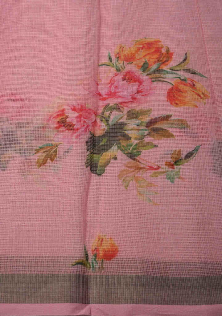 Baby Pink Kota Doria Cotton Saree with Floral Digital Print And Minimal Zari Border