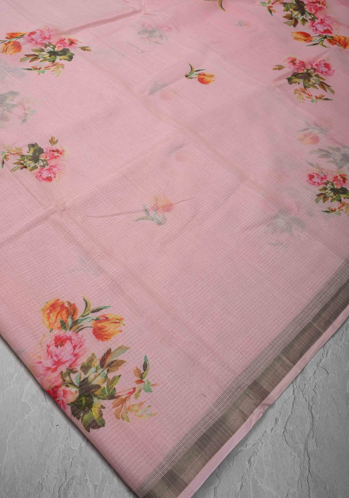 Baby Pink Kota Doria Cotton Saree with Floral Digital Print And Minimal Zari Border