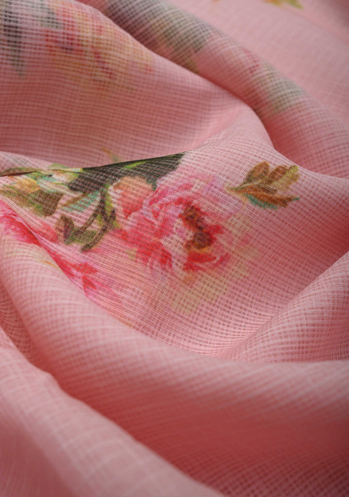 Baby Pink Kota Doria Cotton Saree with Floral Digital Print And Minimal Zari Border