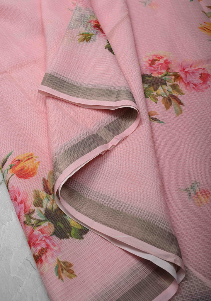 Baby Pink Kota Doria Cotton Saree with Floral Digital Print And Minimal Zari Border