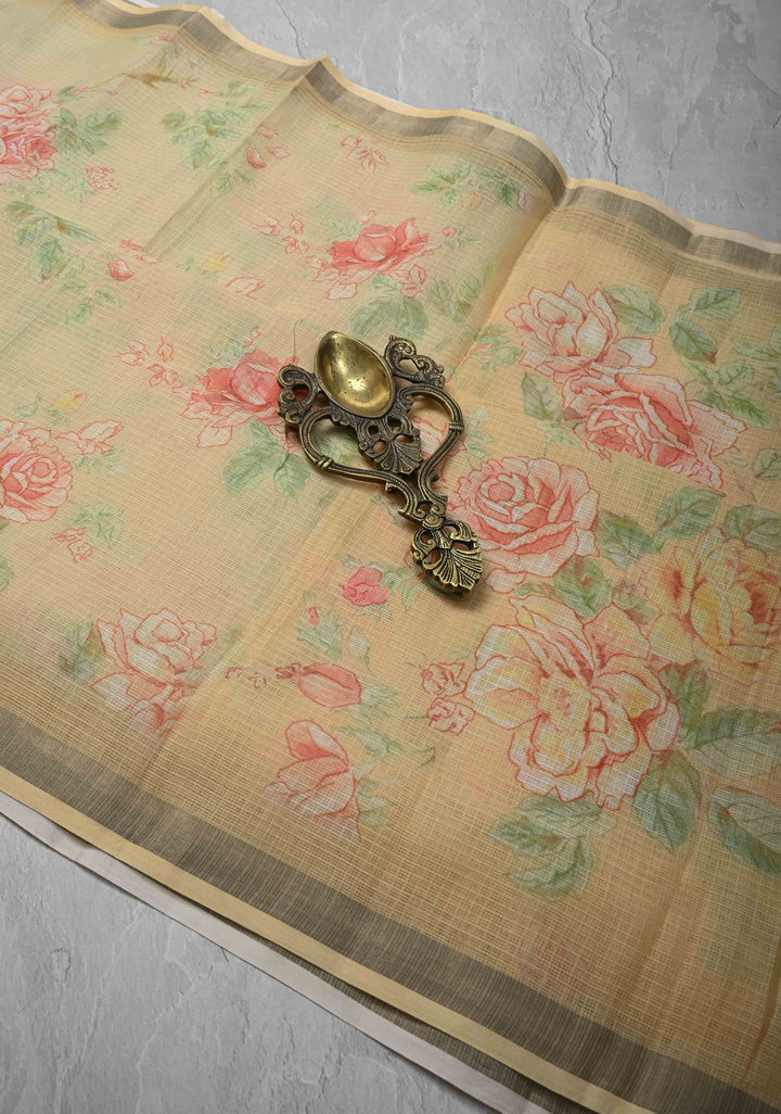 Beige Kota Doria Cotton Saree with Floral Digital Print And Minimal Zari Border
