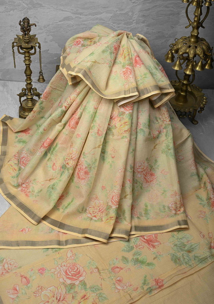 Beige Kota Doria Cotton Saree with Floral Digital Print And Minimal Zari Border