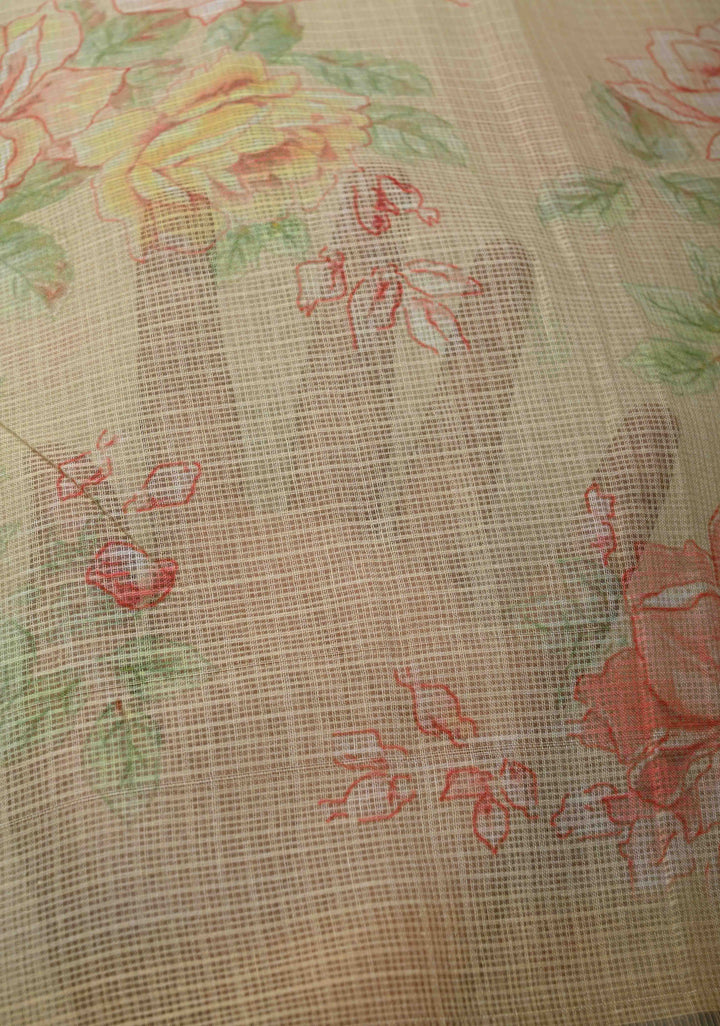 Beige Kota Doria Cotton Saree with Floral Digital Print And Minimal Zari Border