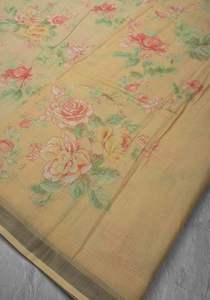 Beige Kota Doria Cotton Saree with Floral Digital Print And Minimal Zari Border