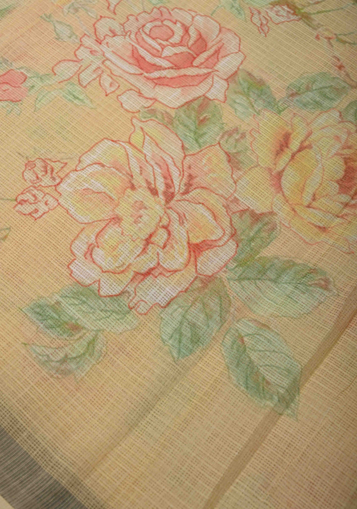Beige Kota Doria Cotton Saree with Floral Digital Print And Minimal Zari Border