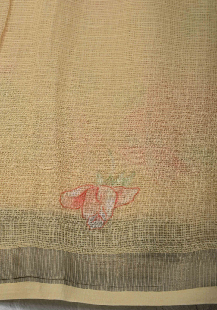 Beige Kota Doria Cotton Saree with Floral Digital Print And Minimal Zari Border