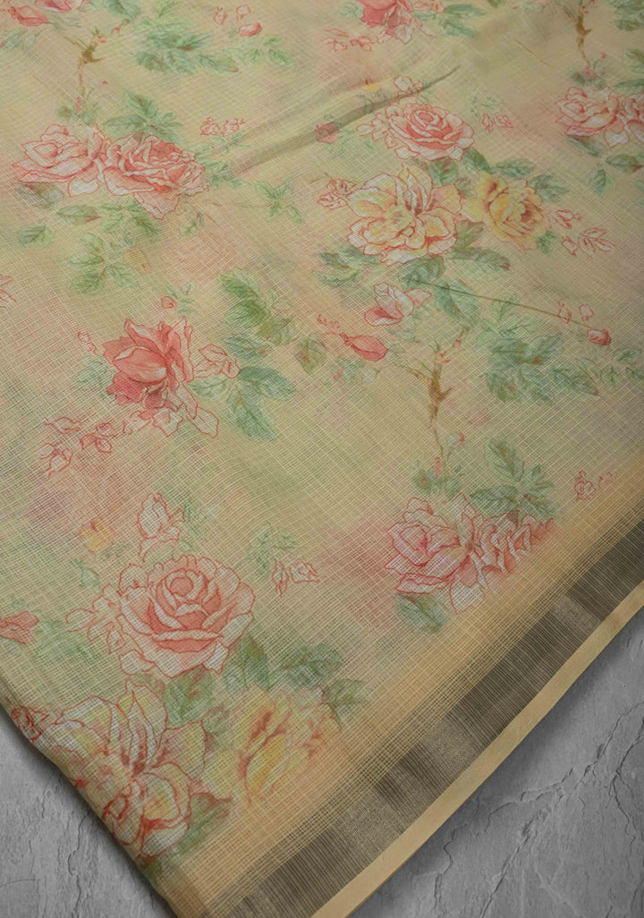 Beige Kota Doria Cotton Saree with Floral Digital Print And Minimal Zari Border