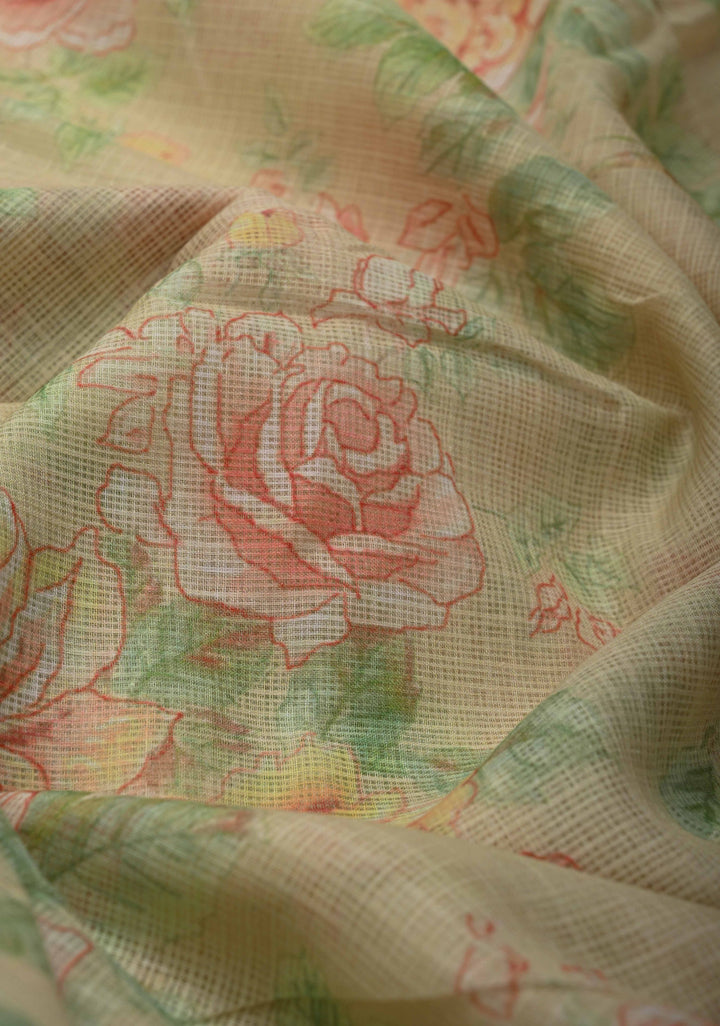 Beige Kota Doria Cotton Saree with Floral Digital Print And Minimal Zari Border