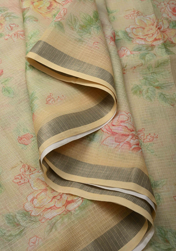 Beige Kota Doria Cotton Saree with Floral Digital Print And Minimal Zari Border