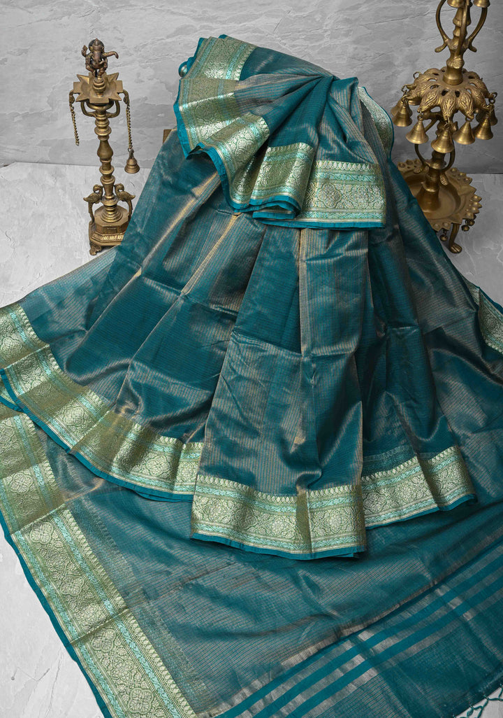 Peacock Green Kota Doria Tissue Cotton Saree with Sona Rupa Zari Border