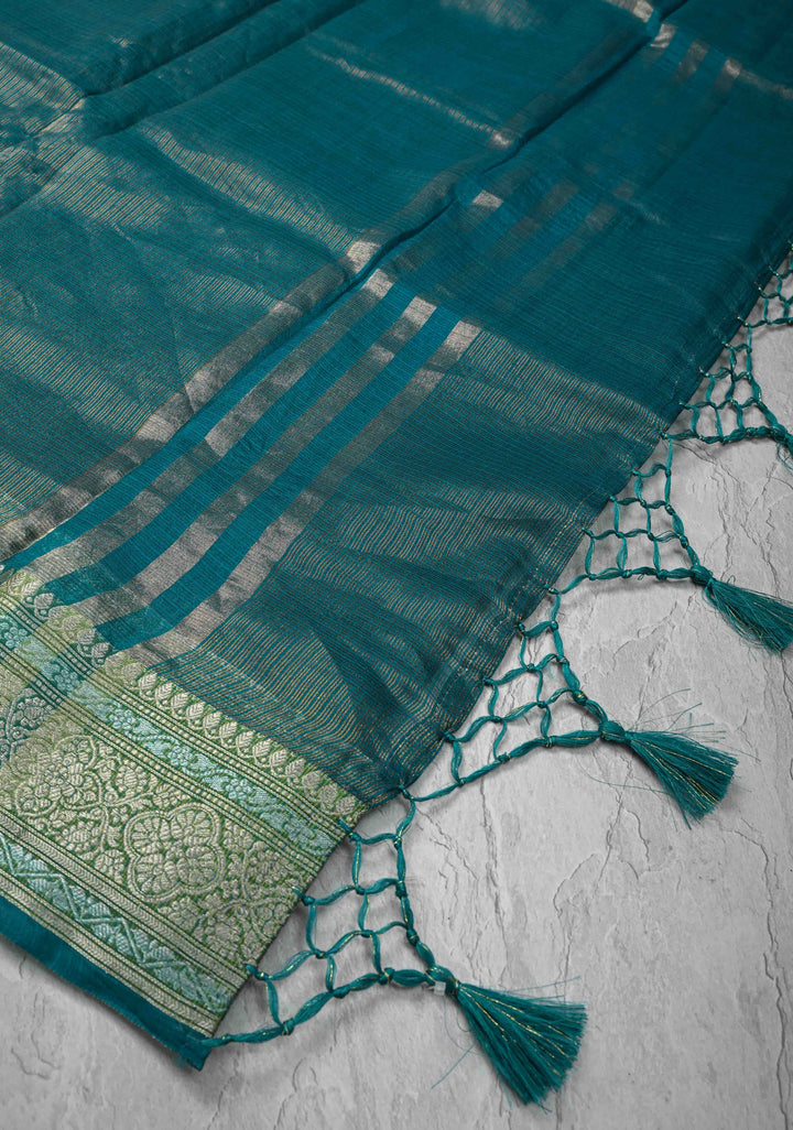 Peacock Green Kota Doria Tissue Cotton Saree with Sona Rupa Zari Border