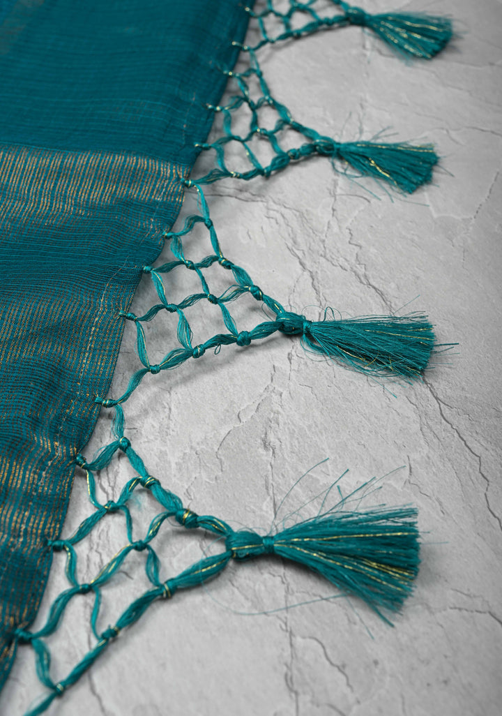 Peacock Green Kota Doria Tissue Cotton Saree with Sona Rupa Zari Border