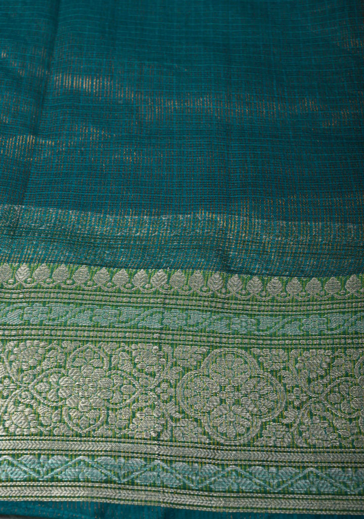 Peacock Green Kota Doria Tissue Cotton Saree with Sona Rupa Zari Border