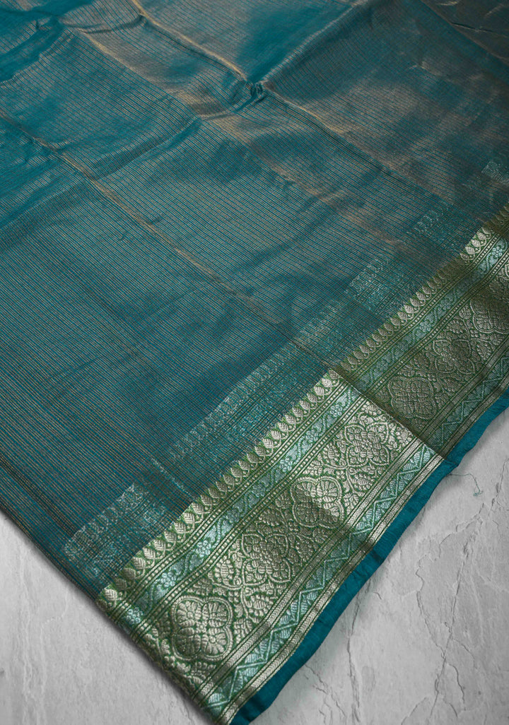 Peacock Green Kota Doria Tissue Cotton Saree with Sona Rupa Zari Border