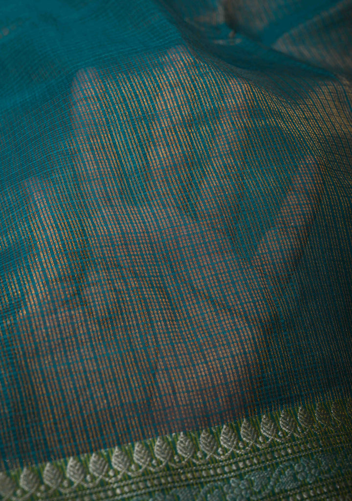 Peacock Green Kota Doria Tissue Cotton Saree with Sona Rupa Zari Border