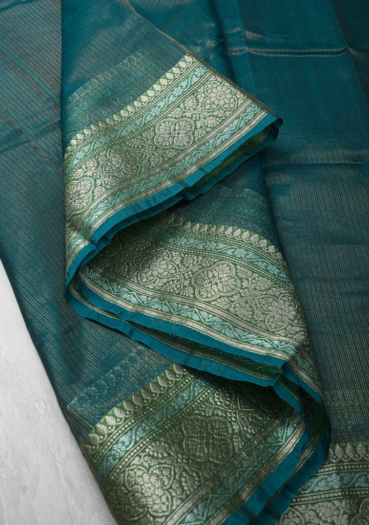 Peacock Green Kota Doria Tissue Cotton Saree with Sona Rupa Zari Border