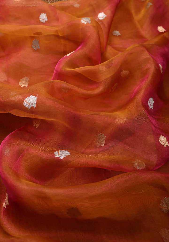 Orange Dual tone Organza Silk Saree with Sona Rupa Zari Buttas and Lace Trim Border | SILK MARK CERTIFIED